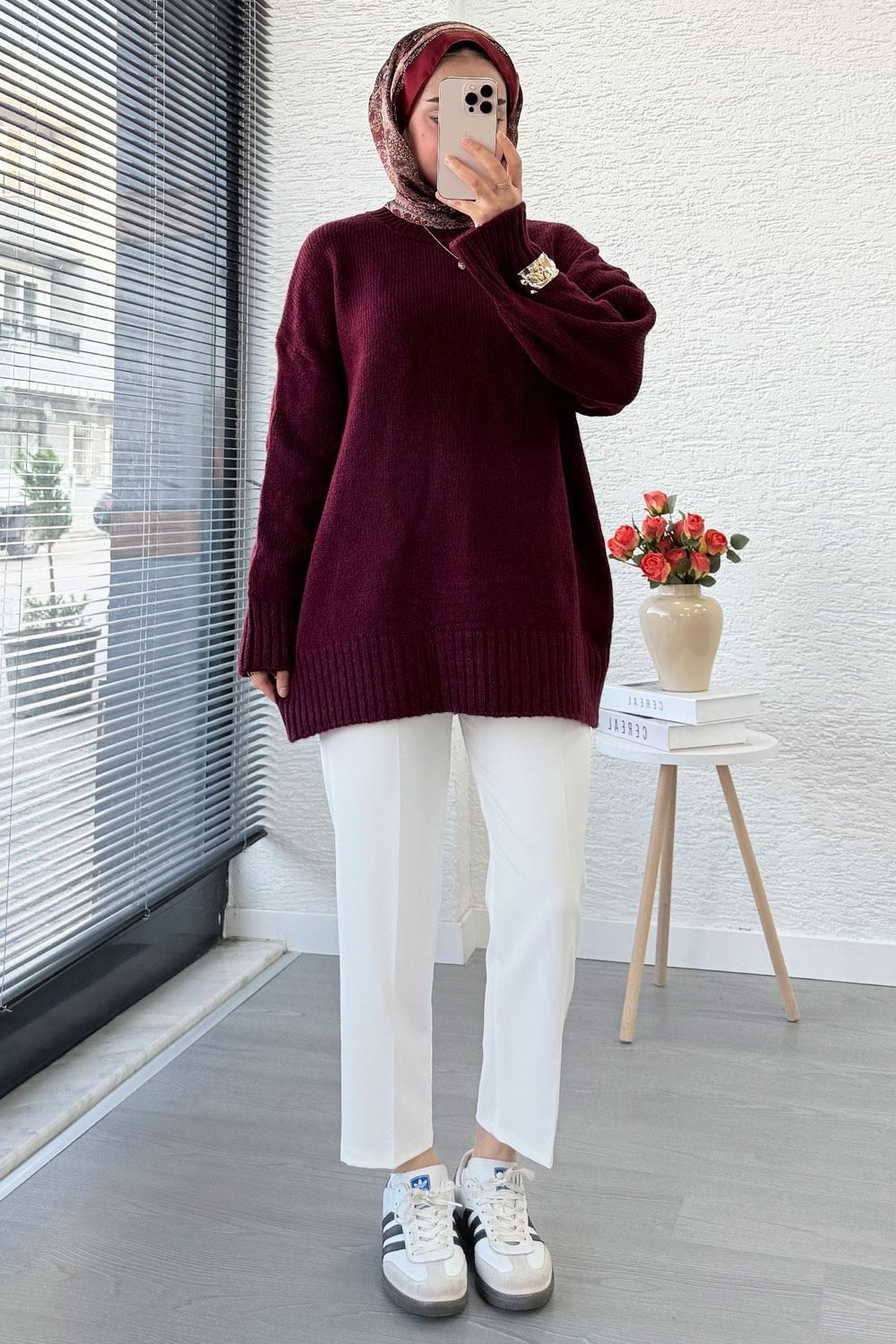 Kadın Bisiklet Yaka Oversize Kazak - Bordo
