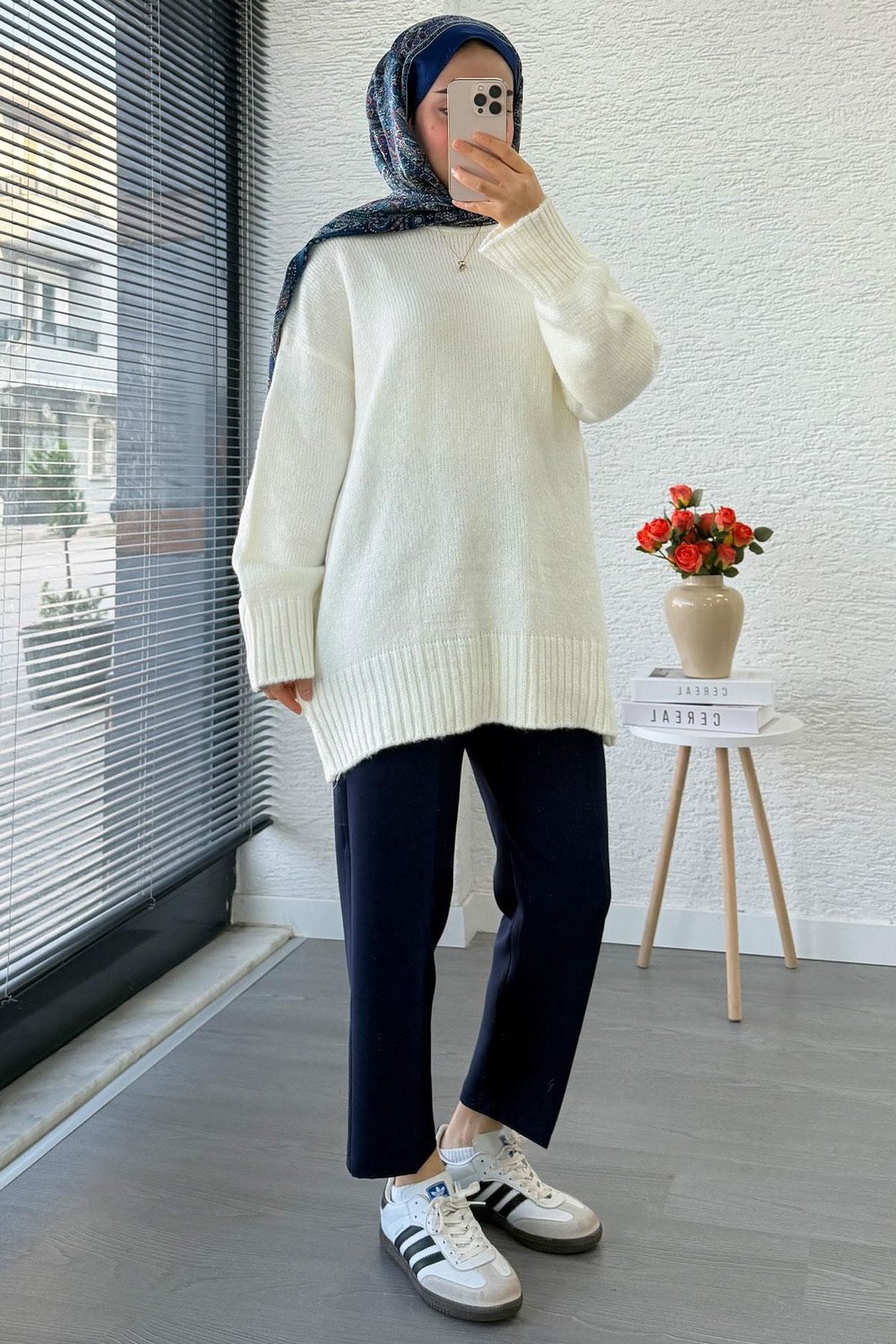 Kadın Bisiklet Yaka Oversize Kazak - Ekru