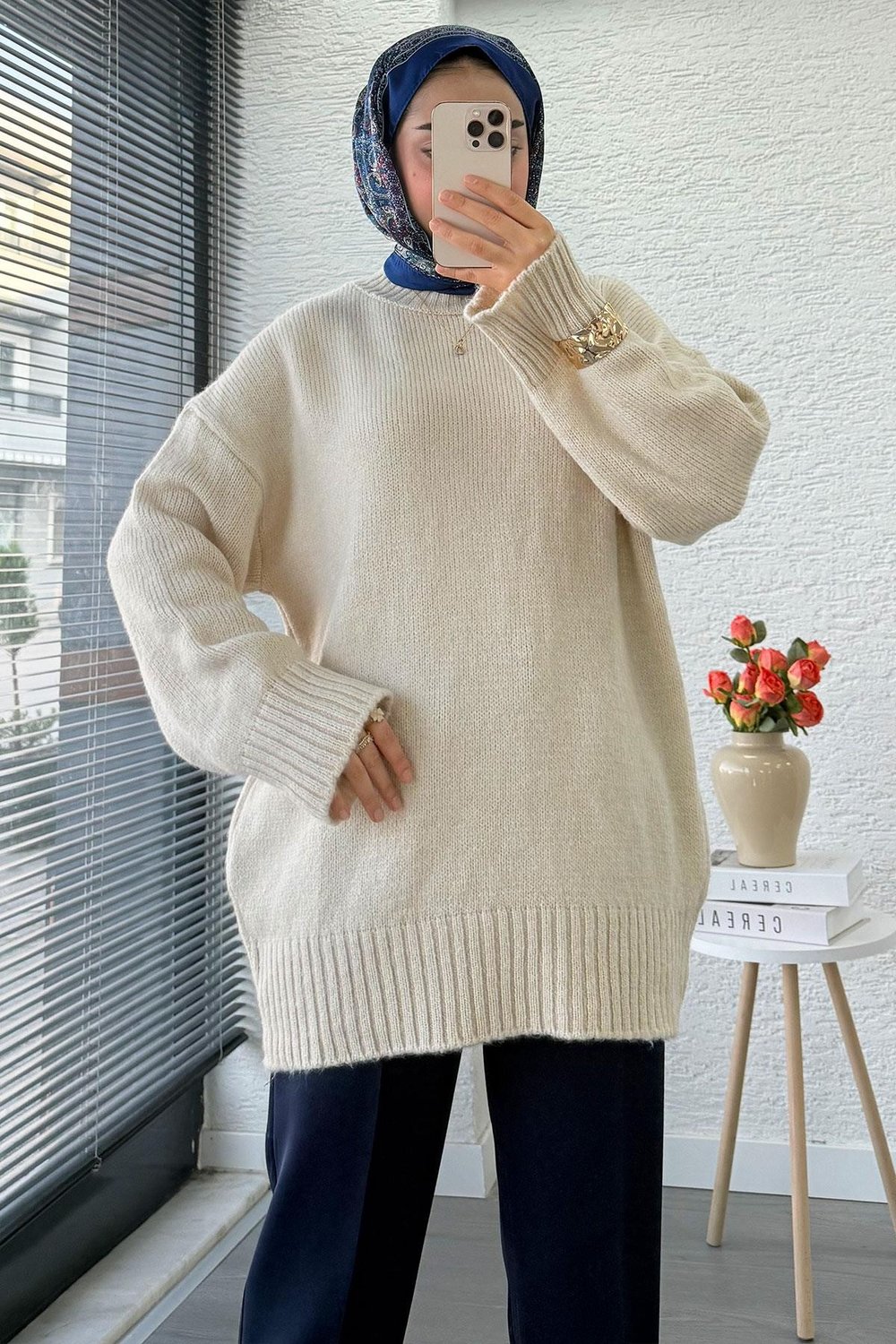 Kadın Bisiklet Yaka Oversize Kazak - Taş