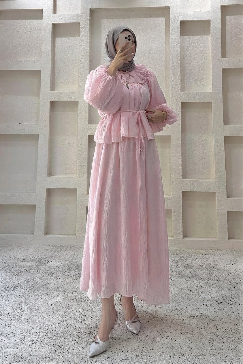 Kadın Büzgü Detay Etekli Takım - Pembe