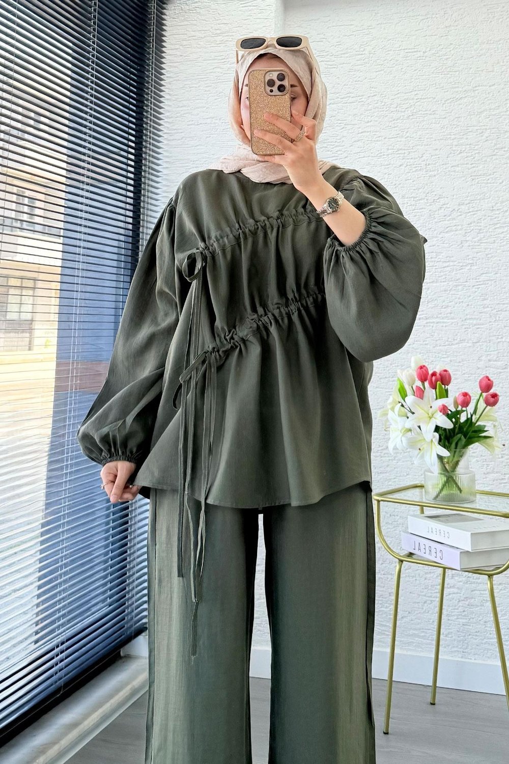 Kadın Büzgü Detaylı Pantolon Takım M61879 - Haki
