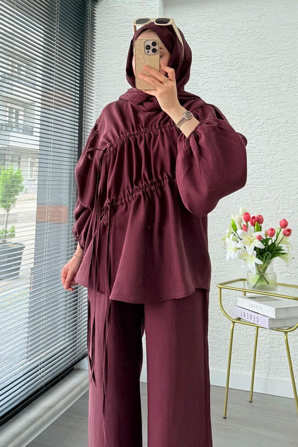 Kadın Büzgü Detaylı Pantolon Takım M61879 - Mürdüm