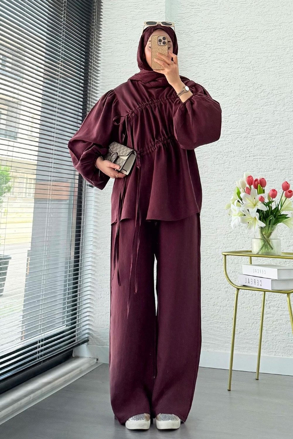 Kadın Büzgü Detaylı Pantolon Takım M61879 - Mürdüm