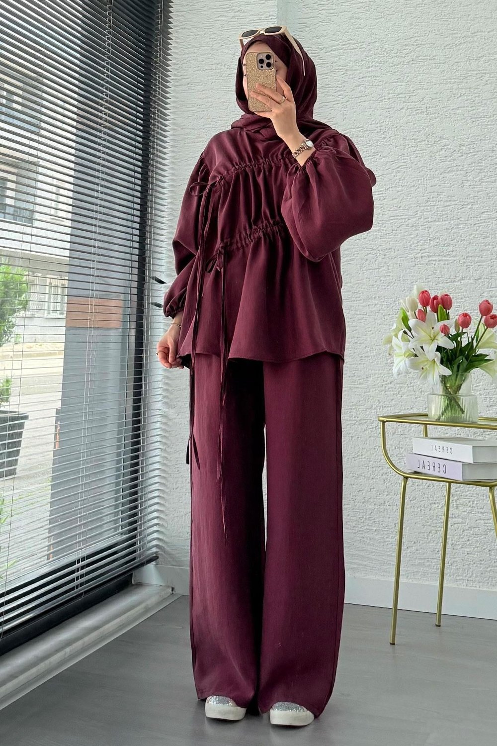 Kadın Büzgü Detaylı Pantolon Takım M61879 - Mürdüm