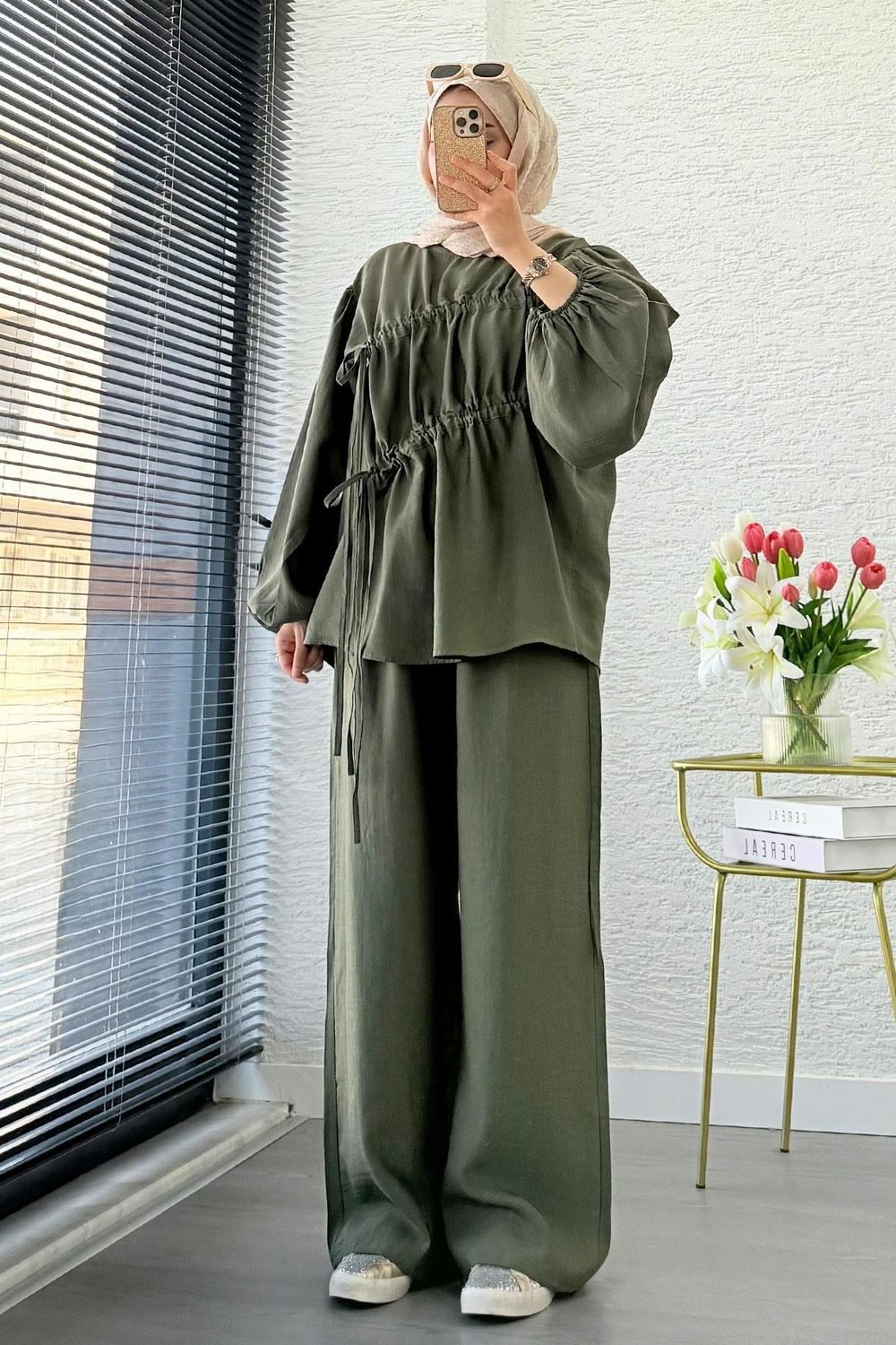 Kadın Büzgü Detaylı Pantolon Takım M61879 - Haki