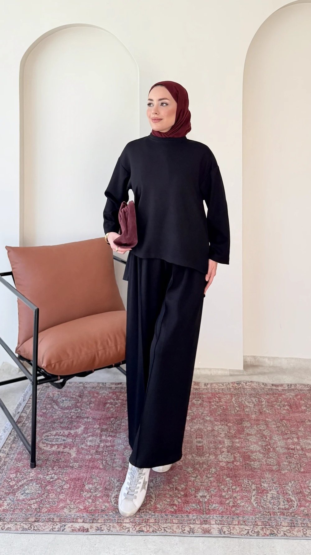 Kadın Çimalı Detay Geniş Paça Tunik Pantolon İkili Takım M2696 - Siyah