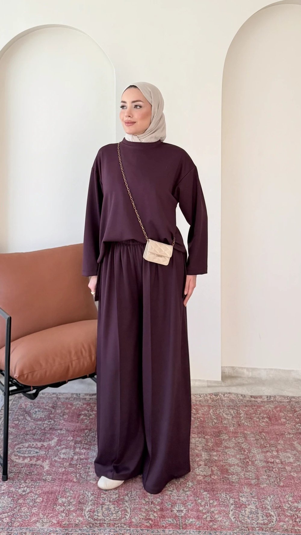 Kadın Çimalı Detay Geniş Paça Tunik Pantolon İkili Takım M2696 - Bordo