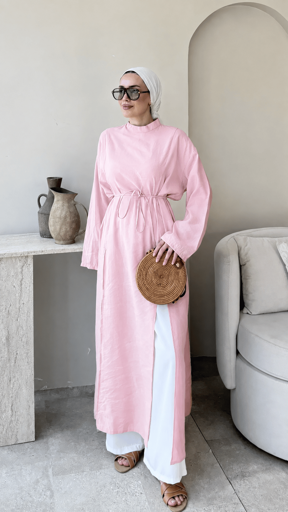 Kadın Fermuarlı Bel Bağlamalı Uzun Tunik M2665 - Pembe