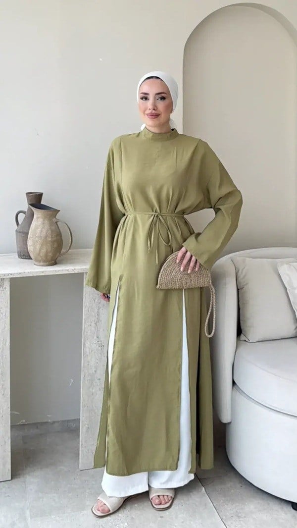 Kadın Fermuarlı Bel Bağlamalı Uzun Tunik M2665 - Yeşil