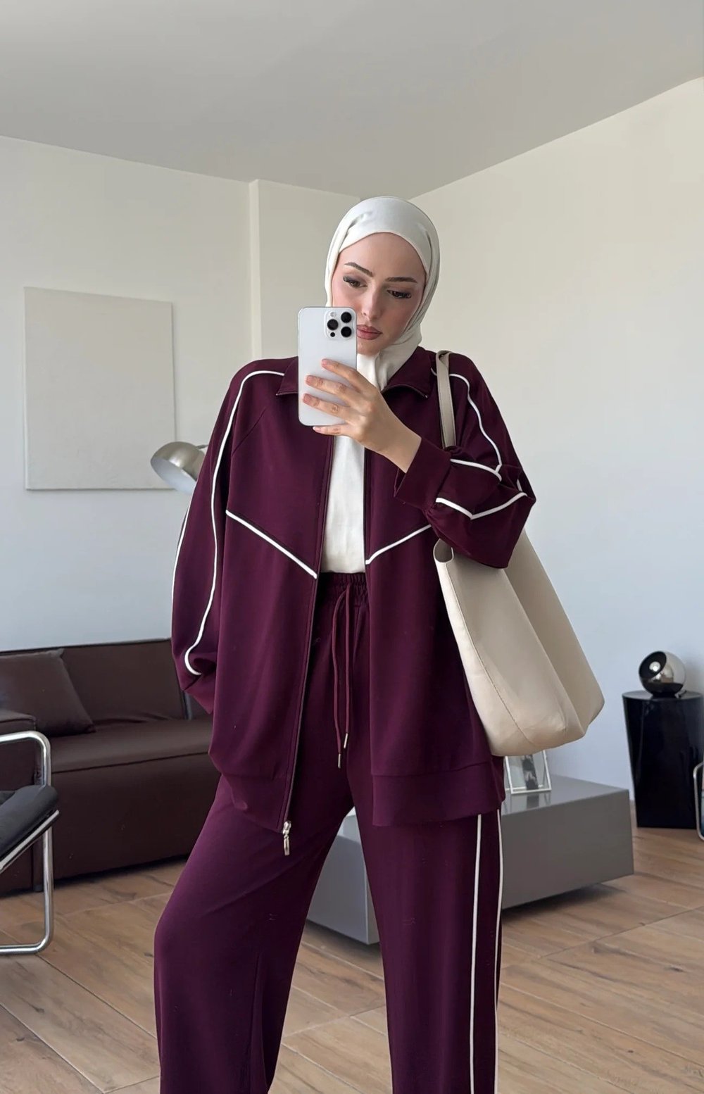 Kadın Garnili Biyeli Tunik ve Pantolon Spor İkili Takım M62819 - Bordo