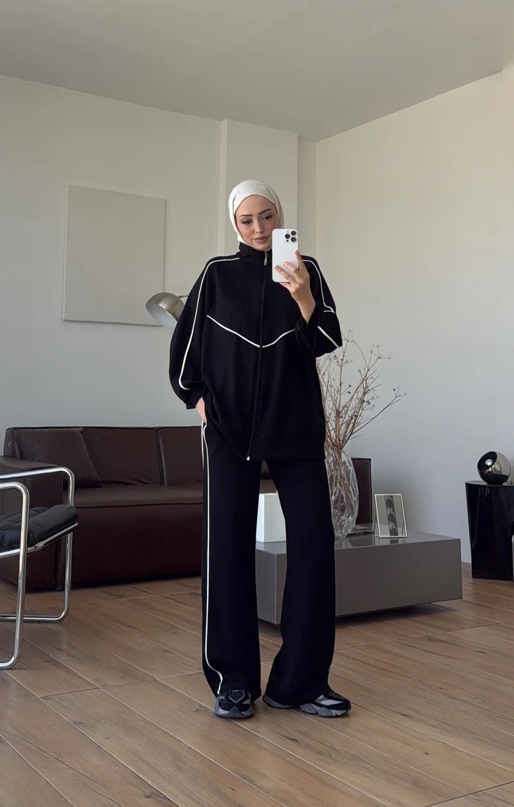 Kadın Garnili Biyeli Tunik ve Pantolon Spor İkili Takım M62819 - Siyah