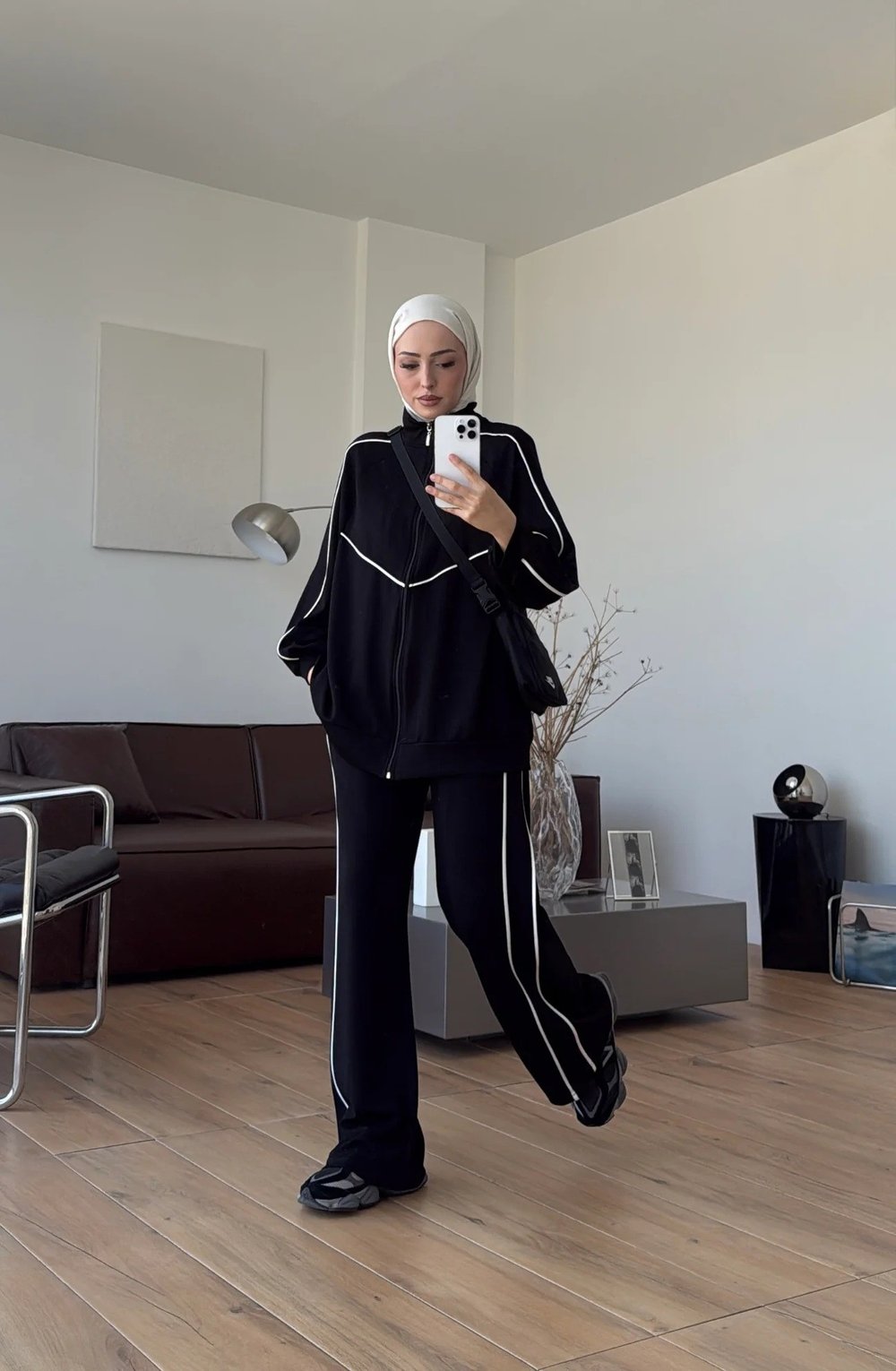 Kadın Garnili Biyeli Tunik ve Pantolon Spor İkili Takım M62819 - Siyah