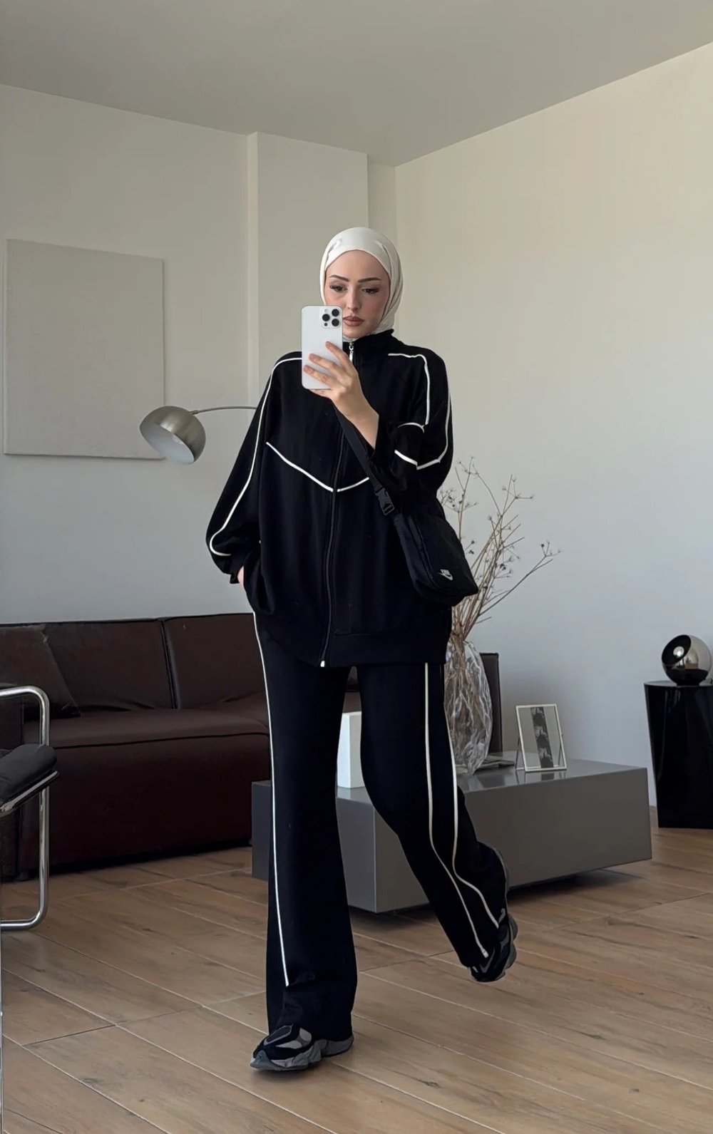 Kadın Garnili Biyeli Tunik ve Pantolon Spor İkili Takım M62819 - Siyah