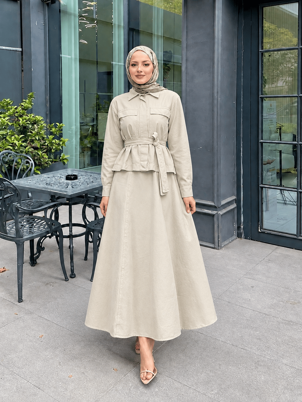 Kadın Gizli Düğmeli ve Kuşaklı Denim Etek Takım - Taş