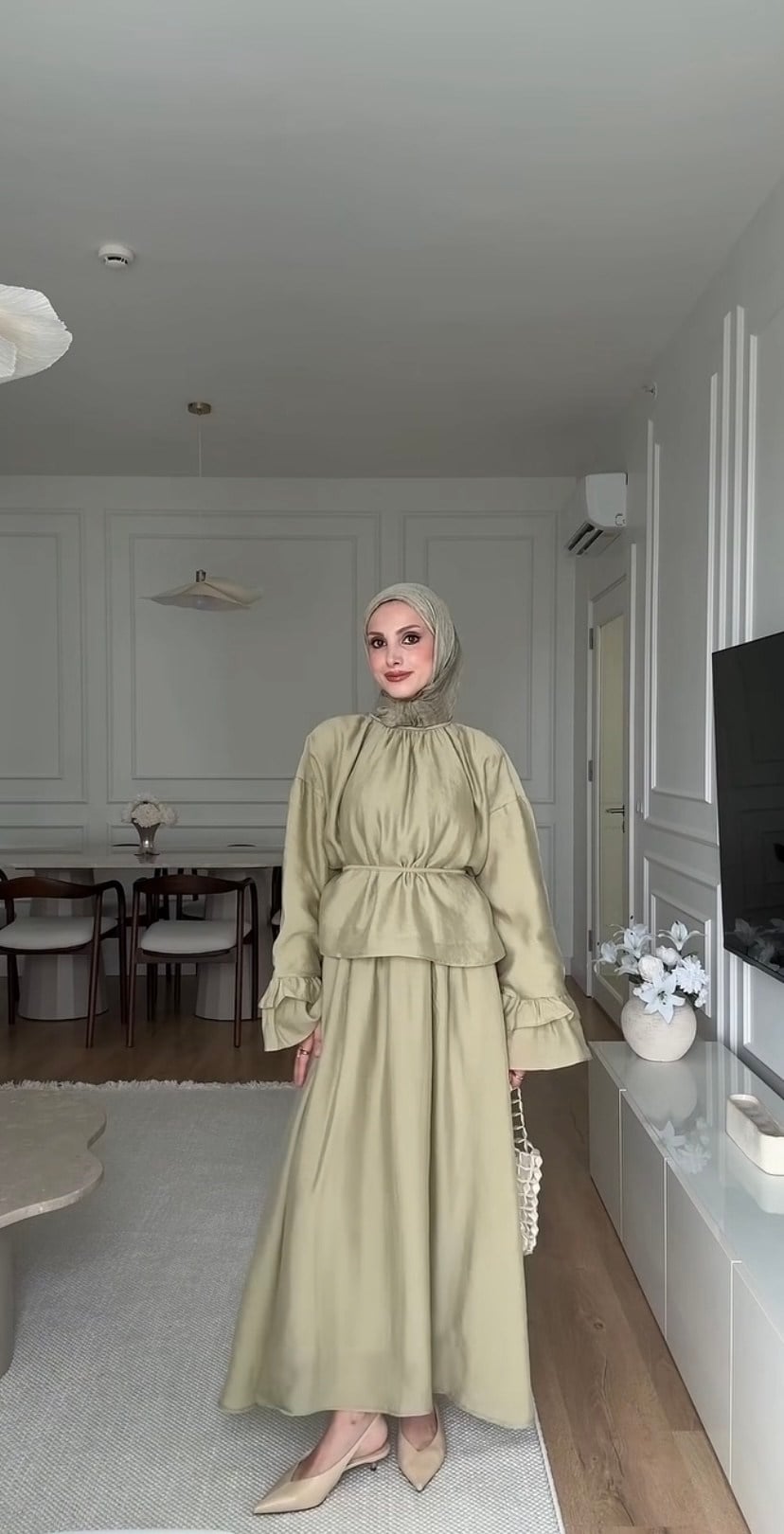 Kadın Kolu Fırfır Detaylı Belden Bağlamalı Etekli Takım M41675 - Küf Yeşili