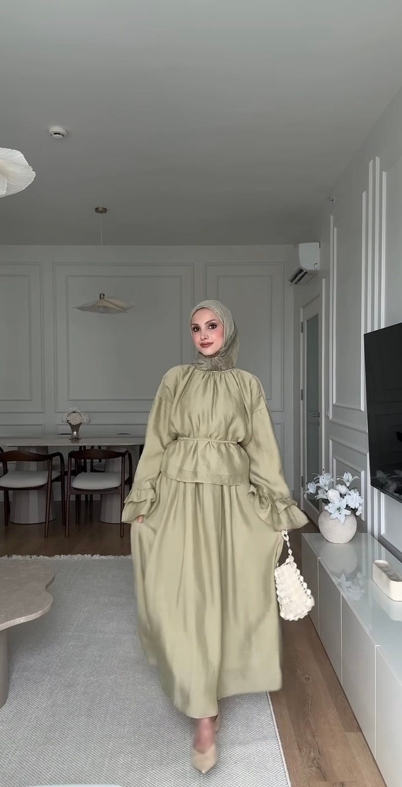 Kadın Kolu Fırfır Detaylı Belden Bağlamalı Etekli Takım M41675 - Küf Yeşili