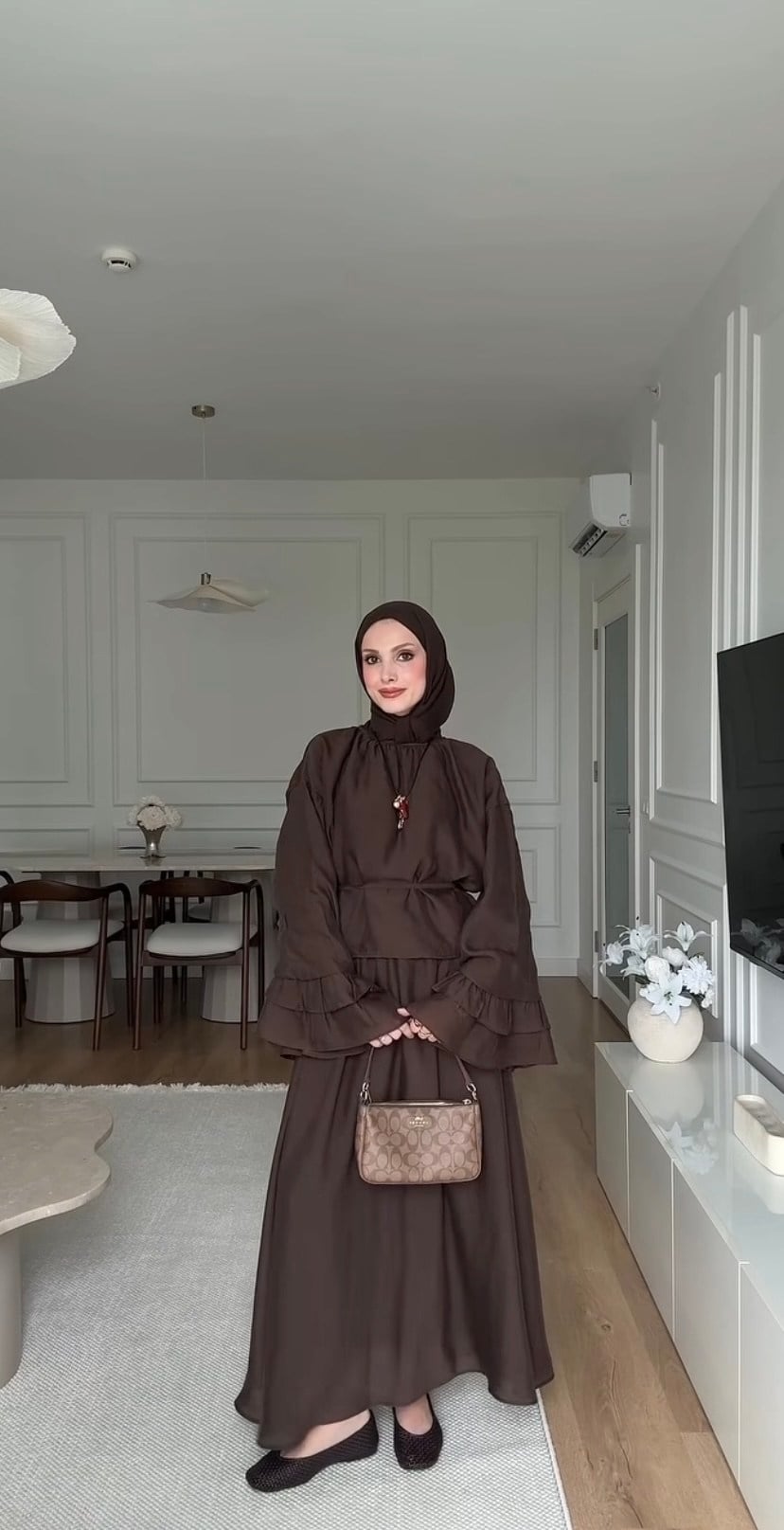Kadın Kolu Fırfır Detaylı Belden Bağlamalı Etekli Takım M41675 - Kahverengi
