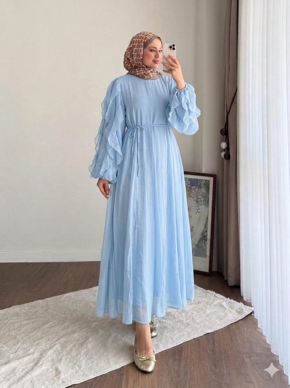 Kadın Kolu Fırfırlı Modal Elbise 2648 -  Bebe Mavisi