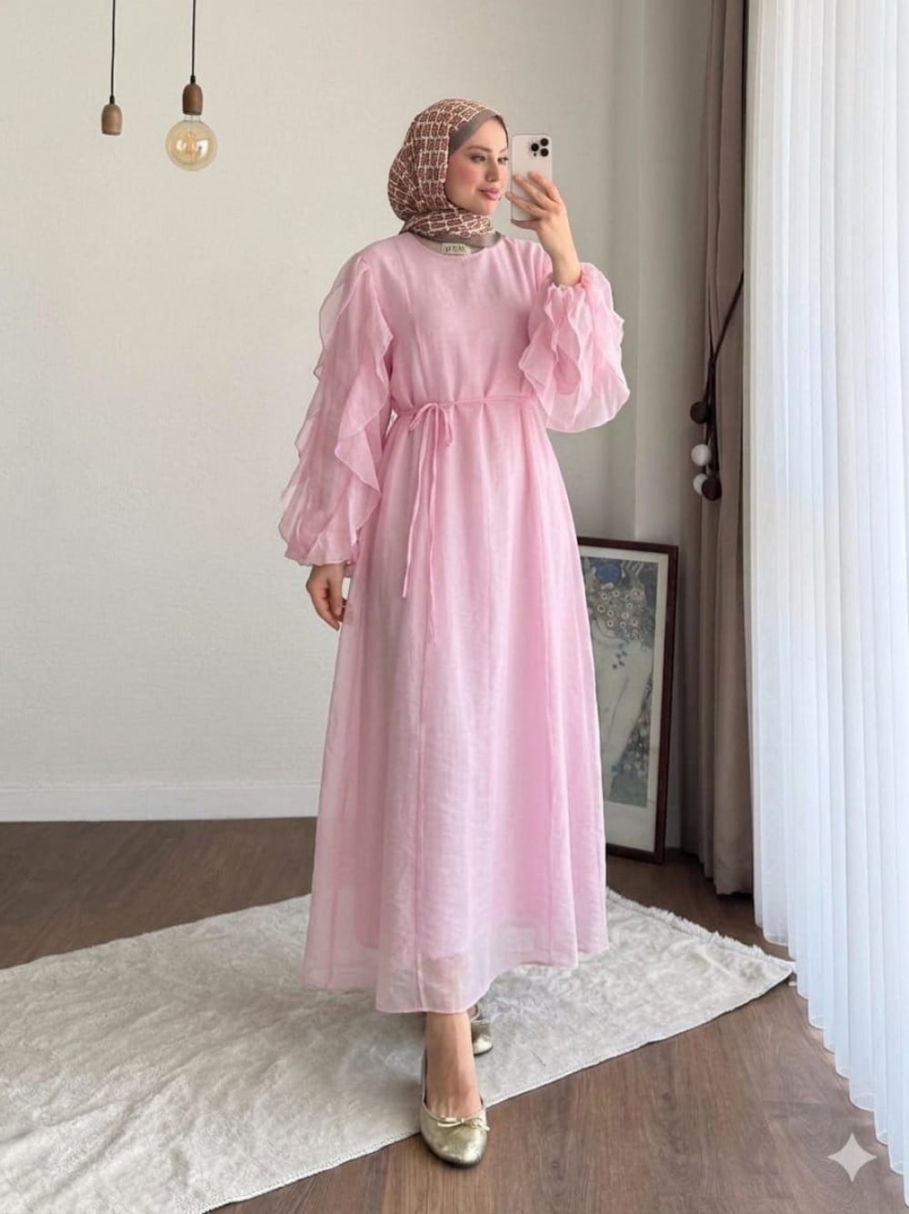 Kadın Kolu Fırfırlı Modal Elbise M2648 -  Pembe