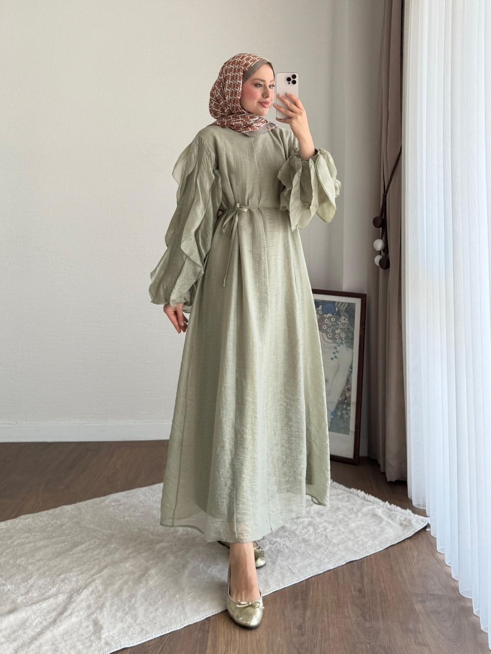 Kadın Kolu Fırfırlı Modal Elbise M2648 -  Yeşil