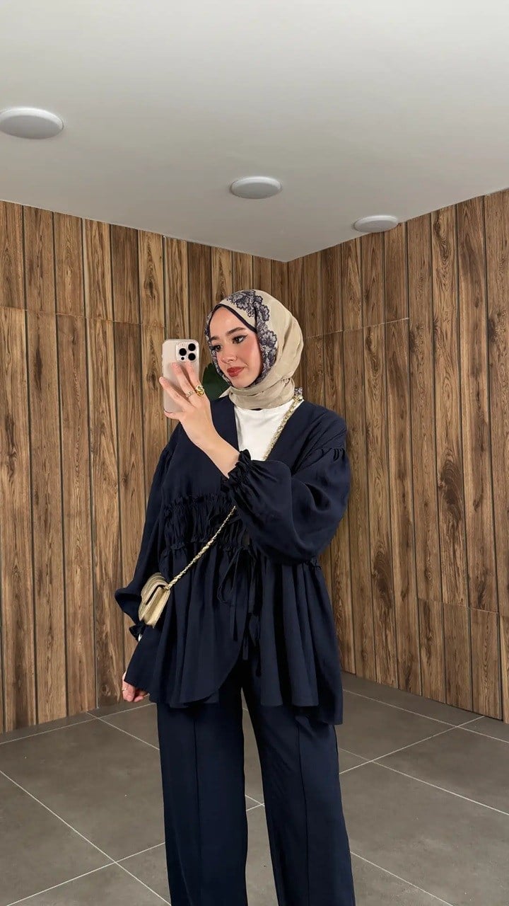 Kadın Önden Bağcıklı Kimono Pantolonlu Takım M61882 - Lacivert