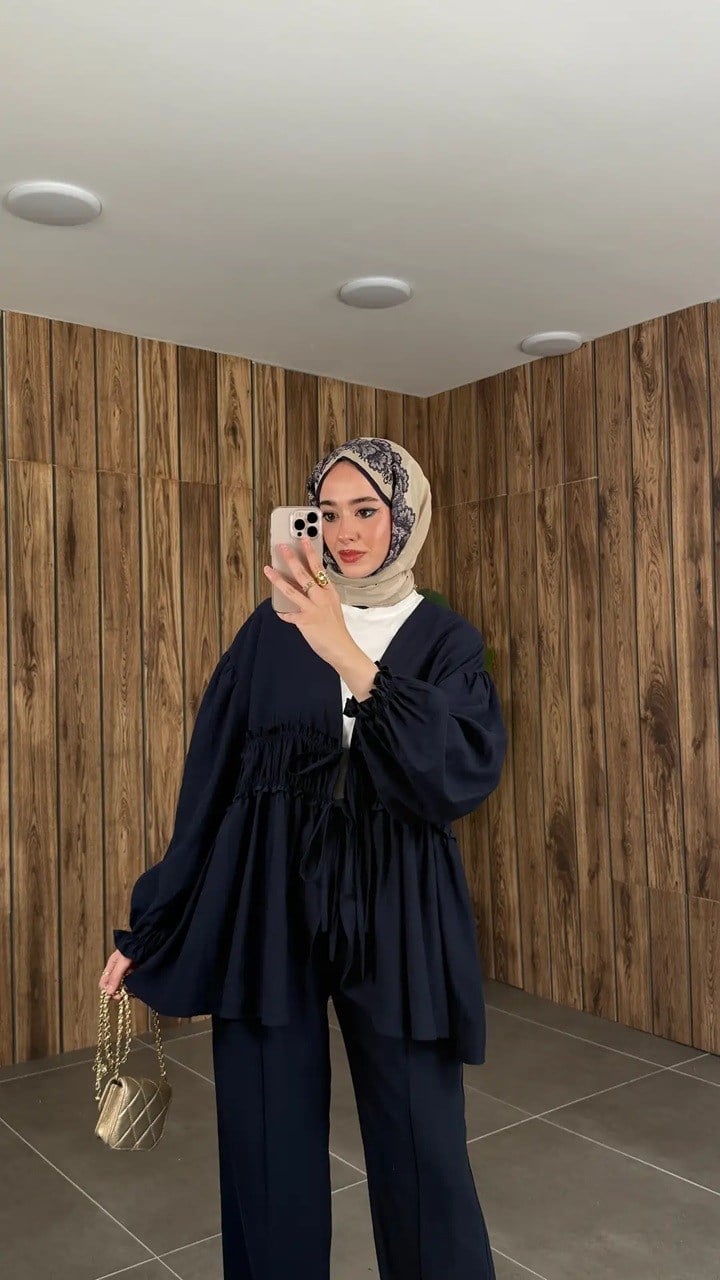 Kadın Önden Bağcıklı Kimono Pantolonlu Takım M61882 - Lacivert