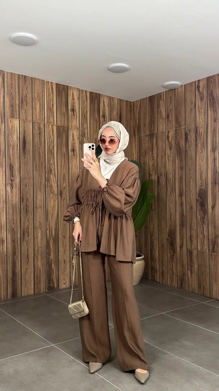 Kadın Önden Bağcıklı Kimono Pantolonlu Takım M61882 - Kahverengi