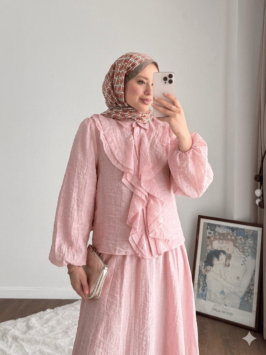 Kadın Önü Fırfırlı Modal Etekli Takım M2640 - Pembe