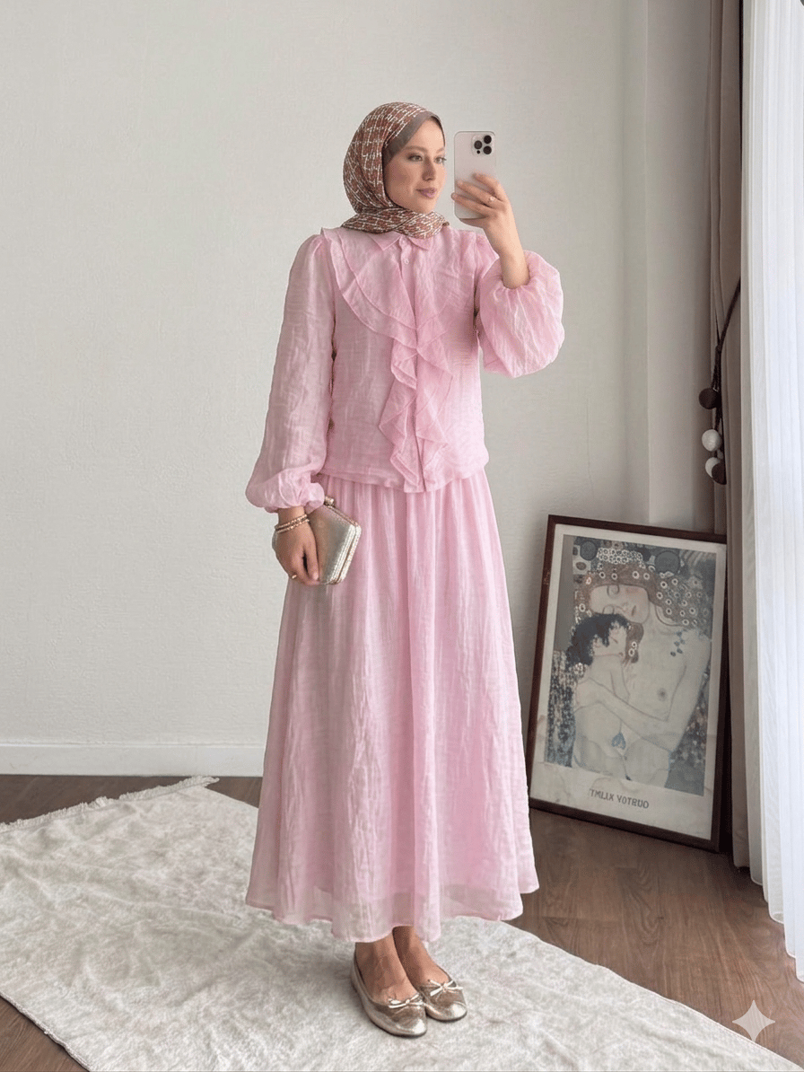 Kadın Önü Fırfırlı Modal Etekli Takım M2640 - Pembe