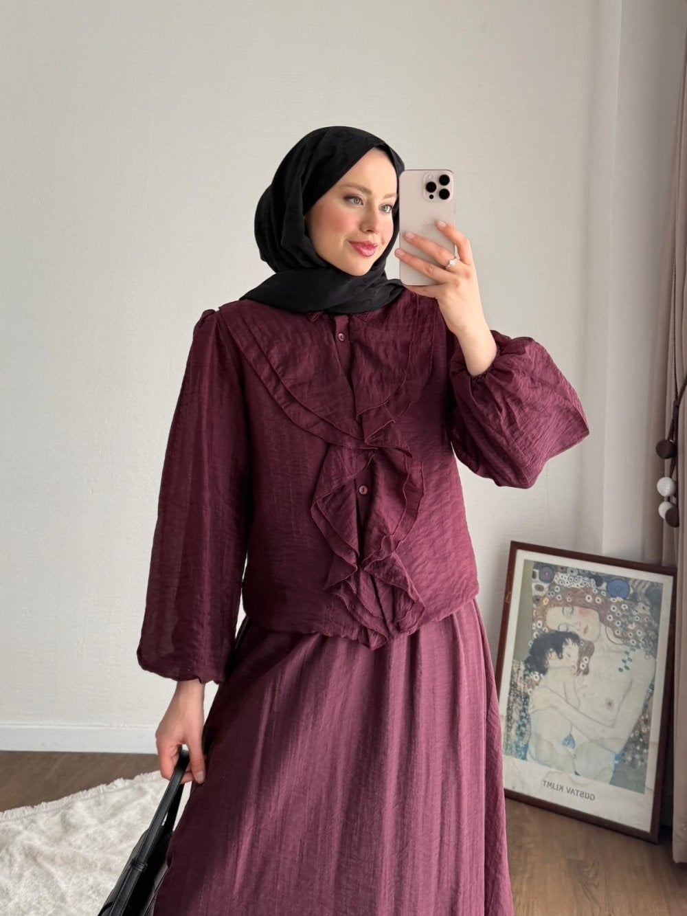 Kadın Önü Fırfırlı Modal Etekli Takım M2640 - Mürdüm