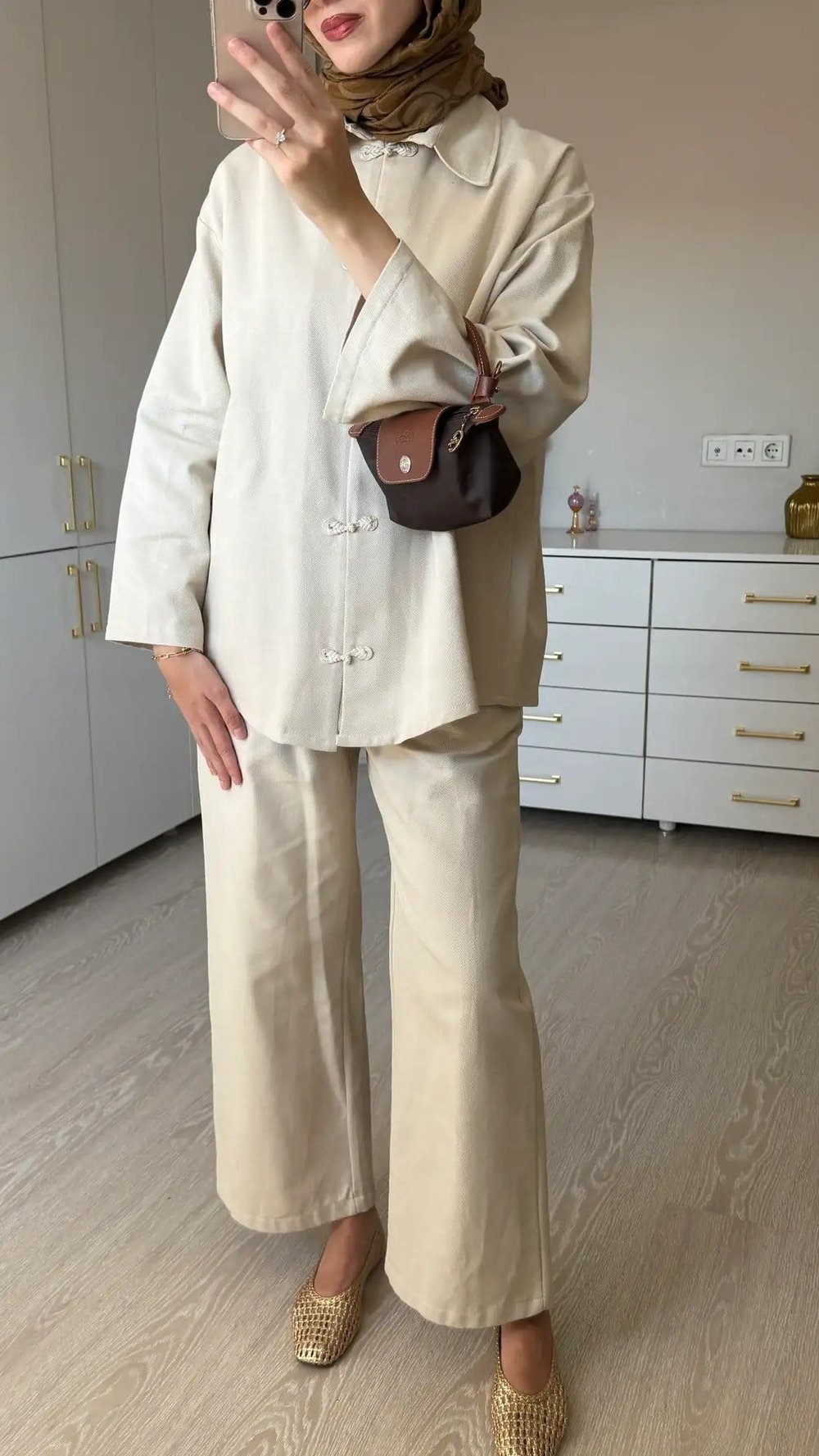 Kadın Premium Düğüm Düğme Detay Gabardin Pantolon Takım M62812 - Bej