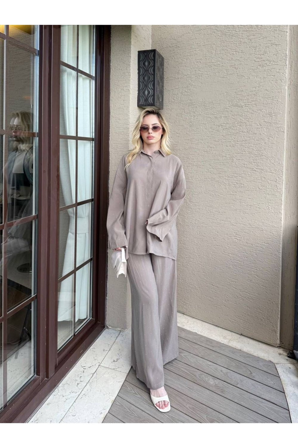 Kadın Taş Baskı Gömlek ve Pantolon Takım M41411 - Vizon