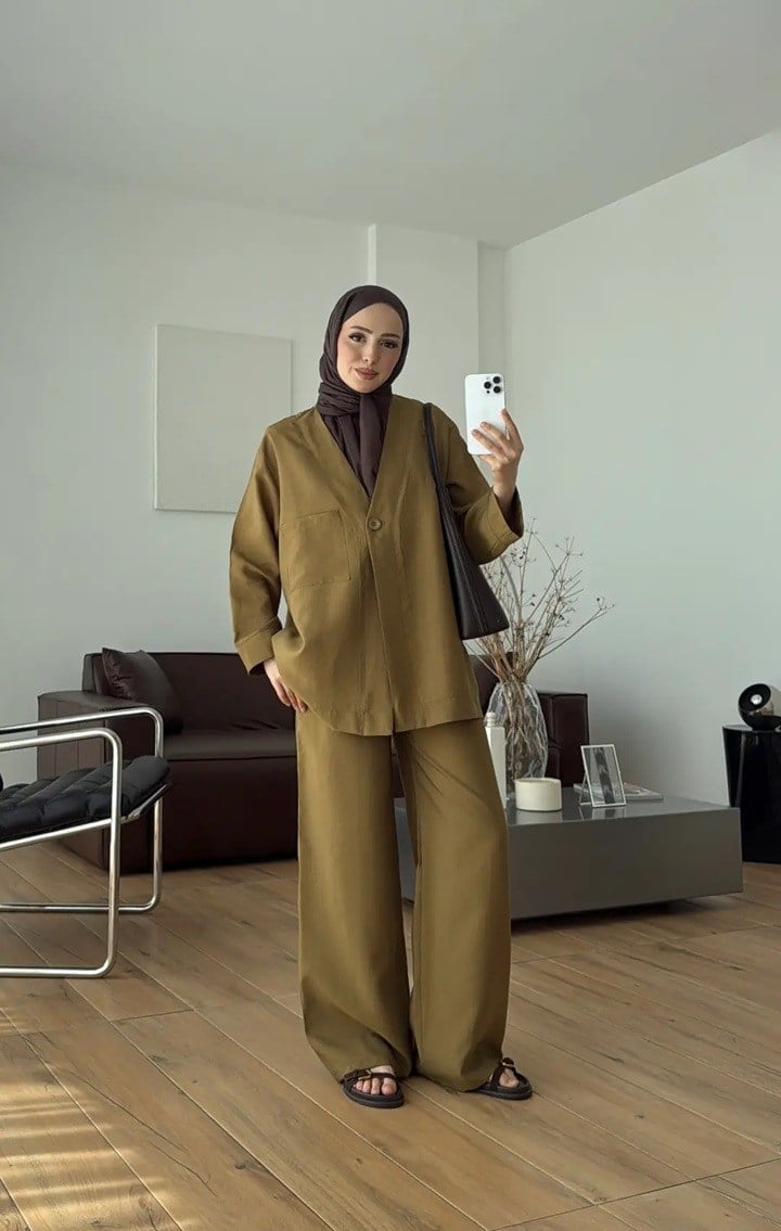 Kadın Tek Düğmeli Pantolon Takım M61886 - Yağ Yeşili