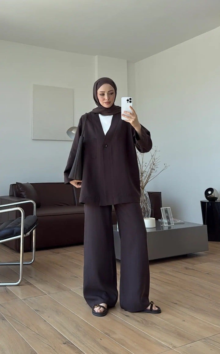Kadın Tek Düğmeli Pantolon Takım M61886 - Kahverengi