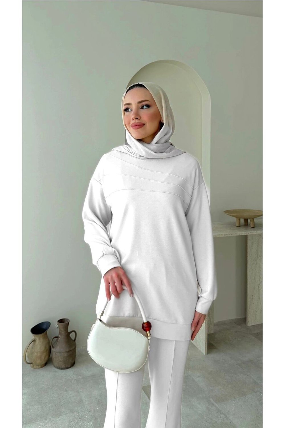 Kadın Tesettür Çimalı Pantolon İkili Takım M7154 - Beyaz