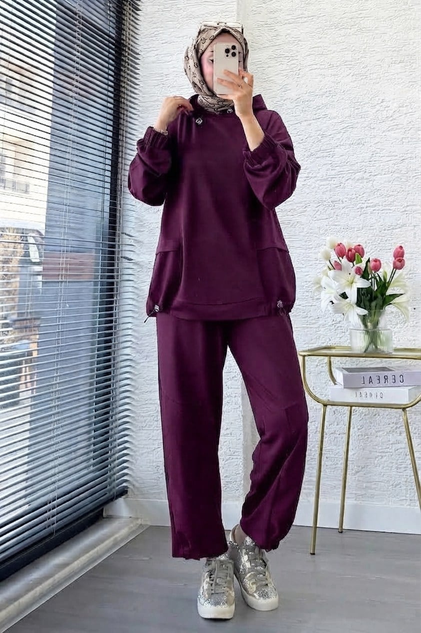 Kapüşonlu Paça Pile Detay Pantolon Takım M26153 - Mürdüm