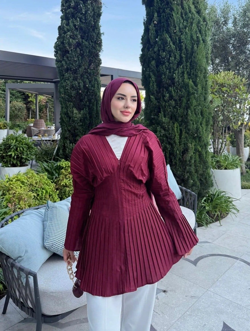 Pilise Detaylı Fermuarlı Bluz - Bordo