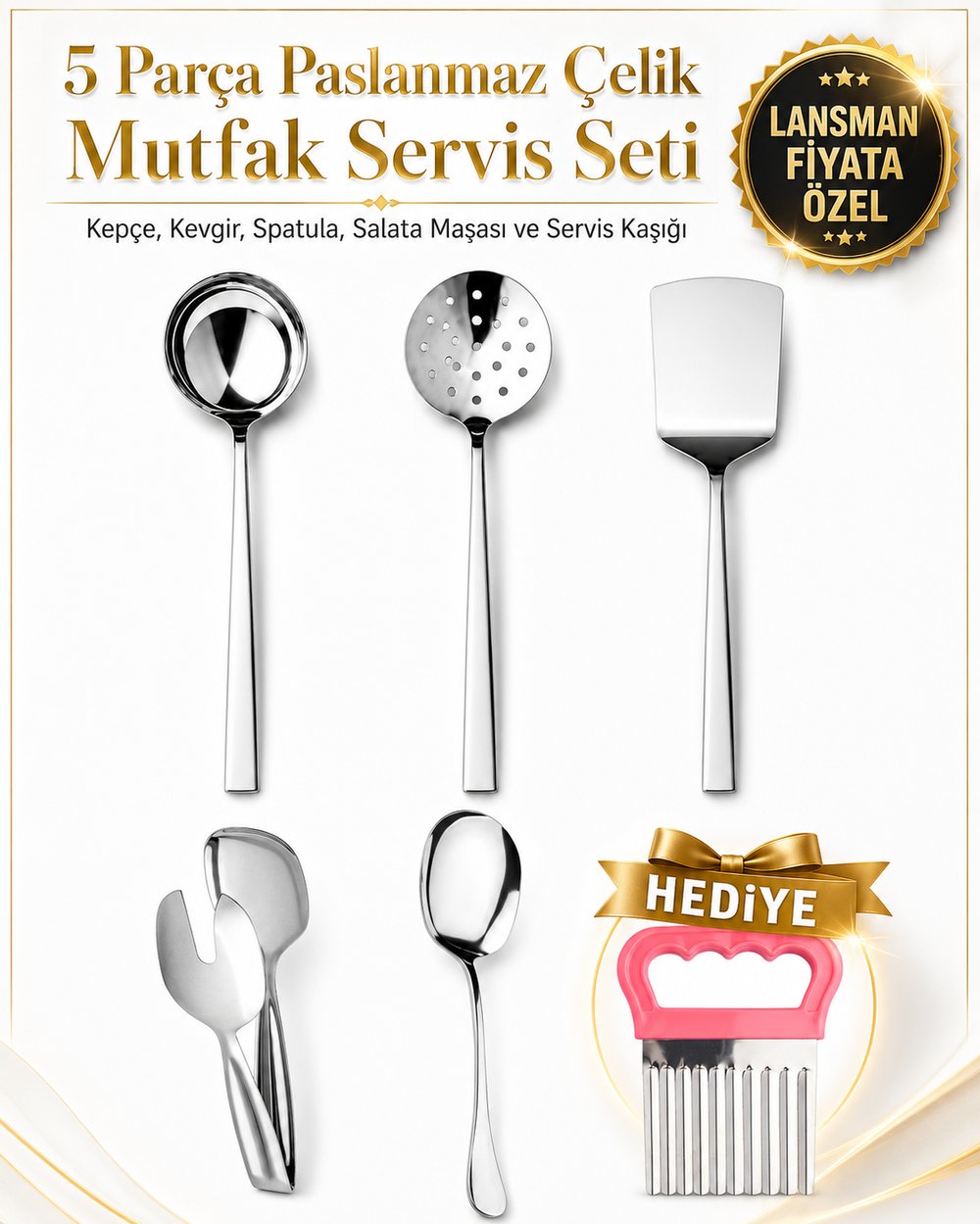 5 Parça Paslanmaz Çelik Mutfak Servis Seti – Kepçe, Kevgir, Spatula, Salata Maşası ve Servis Kaşığı – Çok Amaçlı Dilimleyici Hediyeli