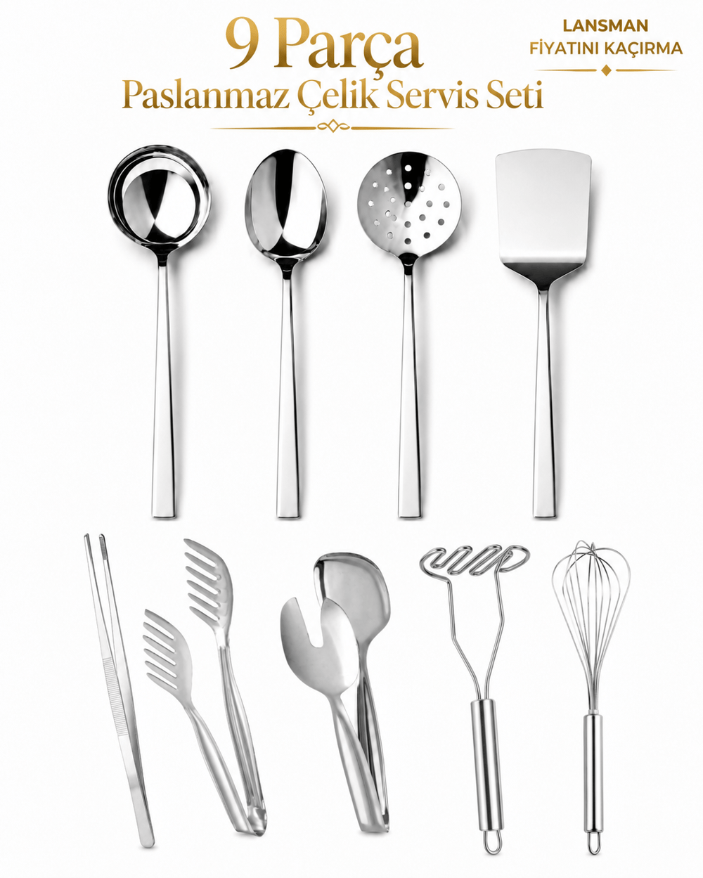 9 Parça Paslanmaz Çelik Servis ve Hazırlık Seti – Patates Ezici, Cımbız Maşa, Çırpıcı – Uzun Ömürlü