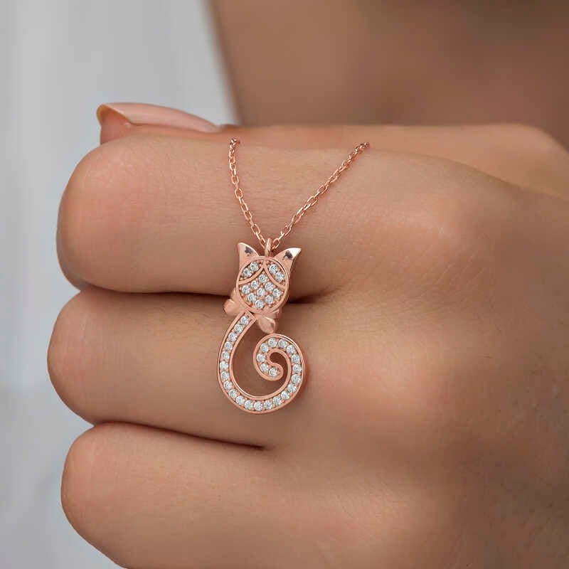 Gümüş Rose Kedi Kadın Kolye