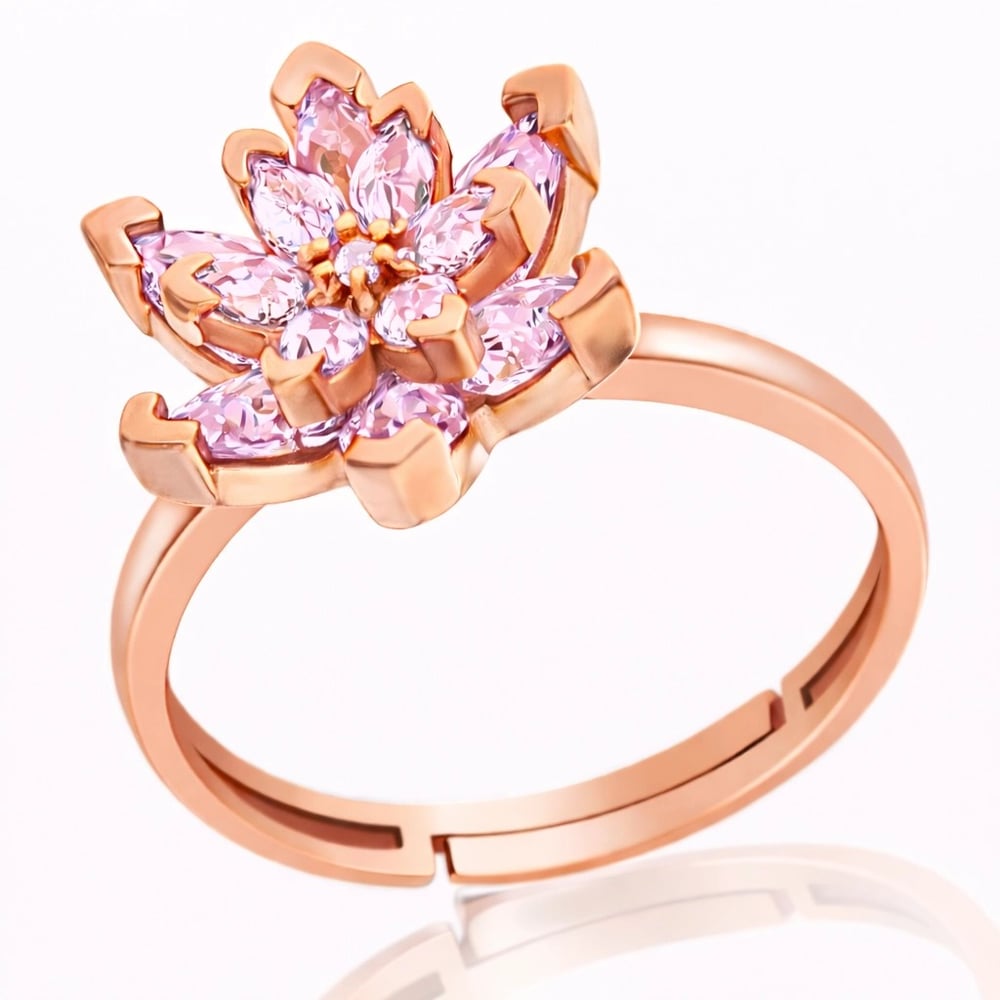 Gümüş Rose Pembe Taşlı Lotus Çiçeği Kadın Yüzük