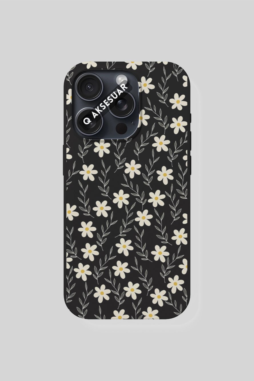 Çiçekler Tasarımlı Premium Telefon Kılıfı Siyah