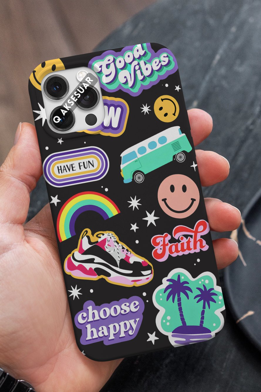 İphone Uyumlu Good Vibes Tasarımlı Premium Telefon Kılıfı Siyah (Model Seçiniz)