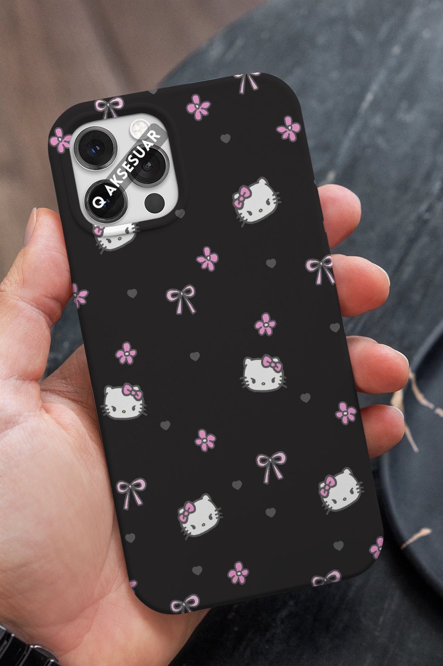 İphone Uyumlu Hello Kitty Tasarımlı Premium Telefon Kılıfı Siyah (Model Seçiniz)