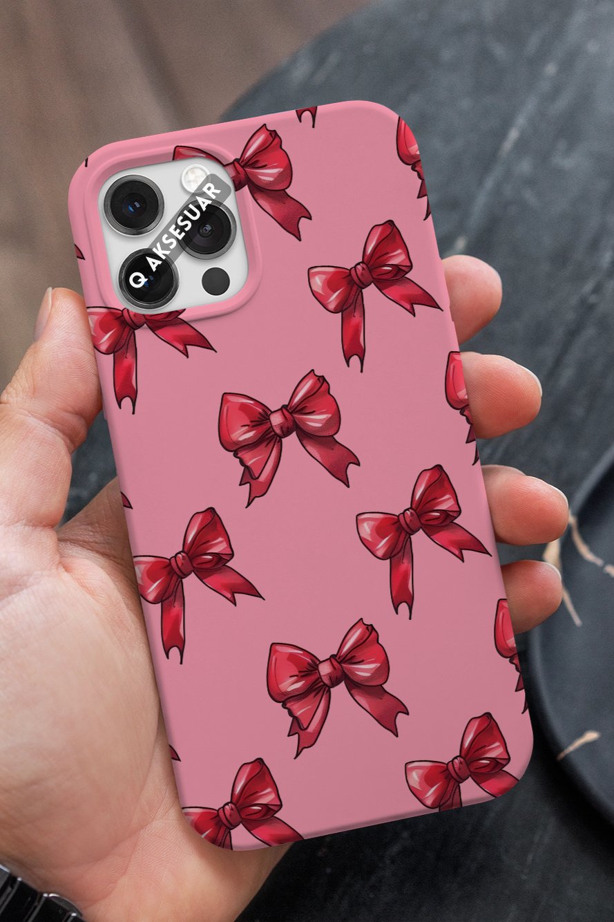 İphone Uyumlu Kırmızı Kurdele Tasarımlı Premium Telefon Kılıfı Şeker Pembe (Model Seçiniz)