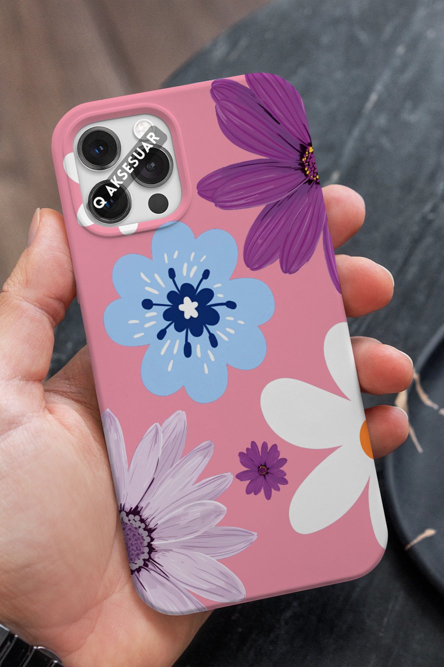 İphone Uyumlu Renkli Çiçek Tasarımlı Premium Telefon Kılıfı Şeker Pembe (Model Seçiniz)