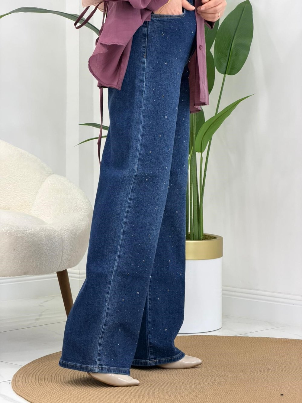 0204 Mavi Taşlı Bol Paça Pantolon