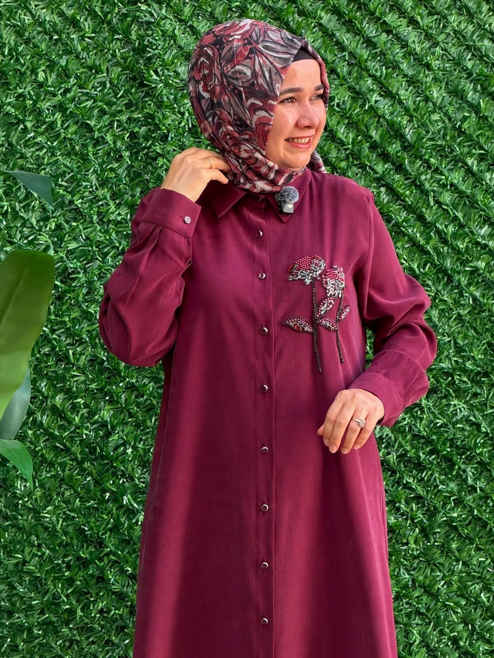 Bordo Gül Detaylı Uzun Tunik