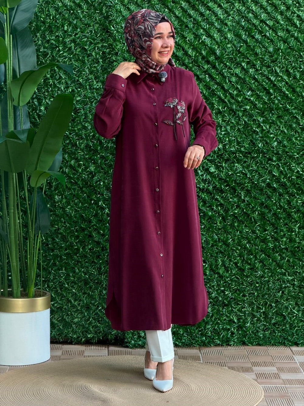 Bordo Gül Detaylı Uzun Tunik