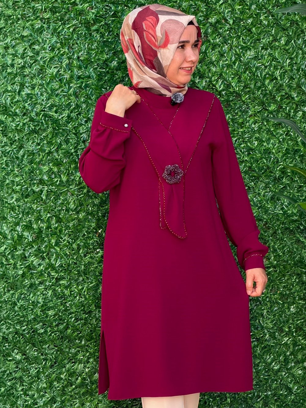 Bordo Kıravatlı Tunik 